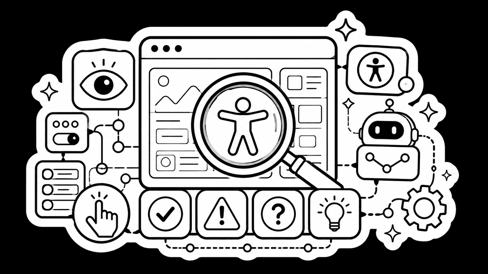 Illustration of an accessibility scanning engine — a magnifying glass over a web page surrounded by check, warning, question, and lightbulb icons alongside a robot and settings gear