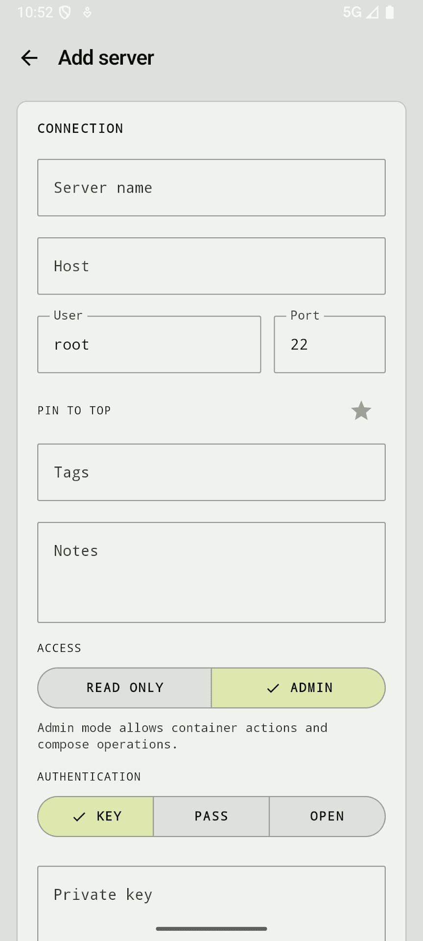 StackWatch Android screen for adding a Linux server over SSH.