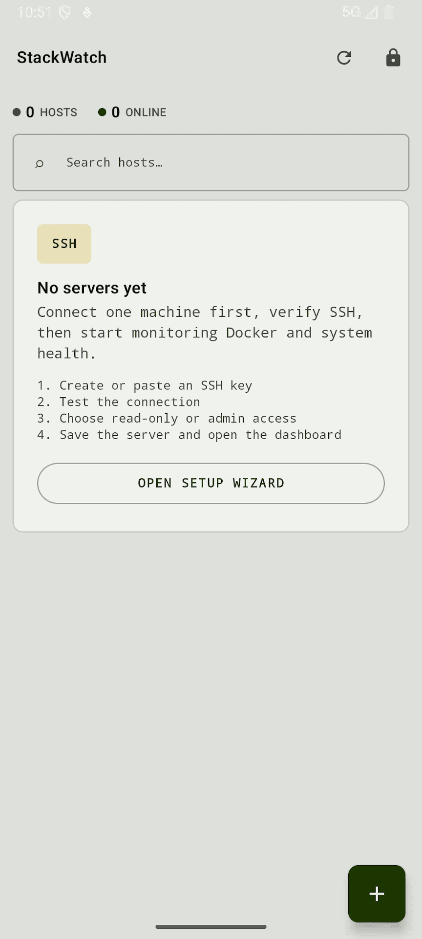 StackWatch Android dashboard showing host cards and setup guidance.