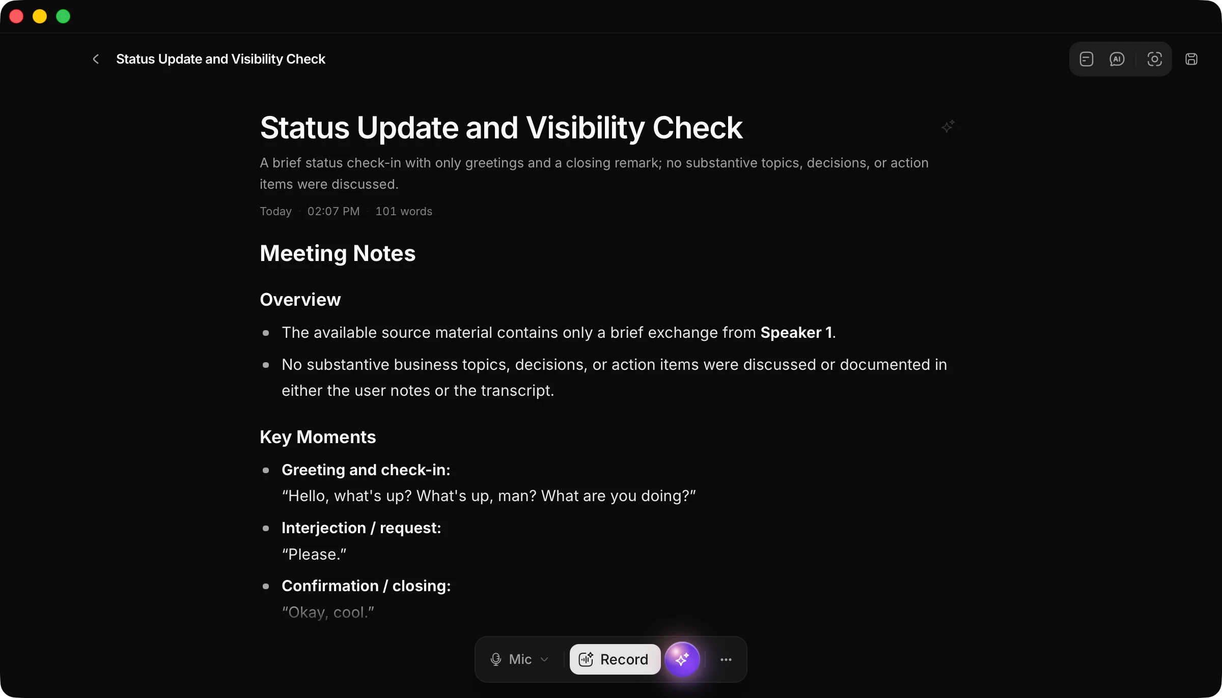 Myna Notes editor with a meeting transcript